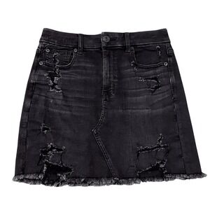 American Eagle Denim Mini Skirt Distressed Black Wash Frayed Hem Size 8‎